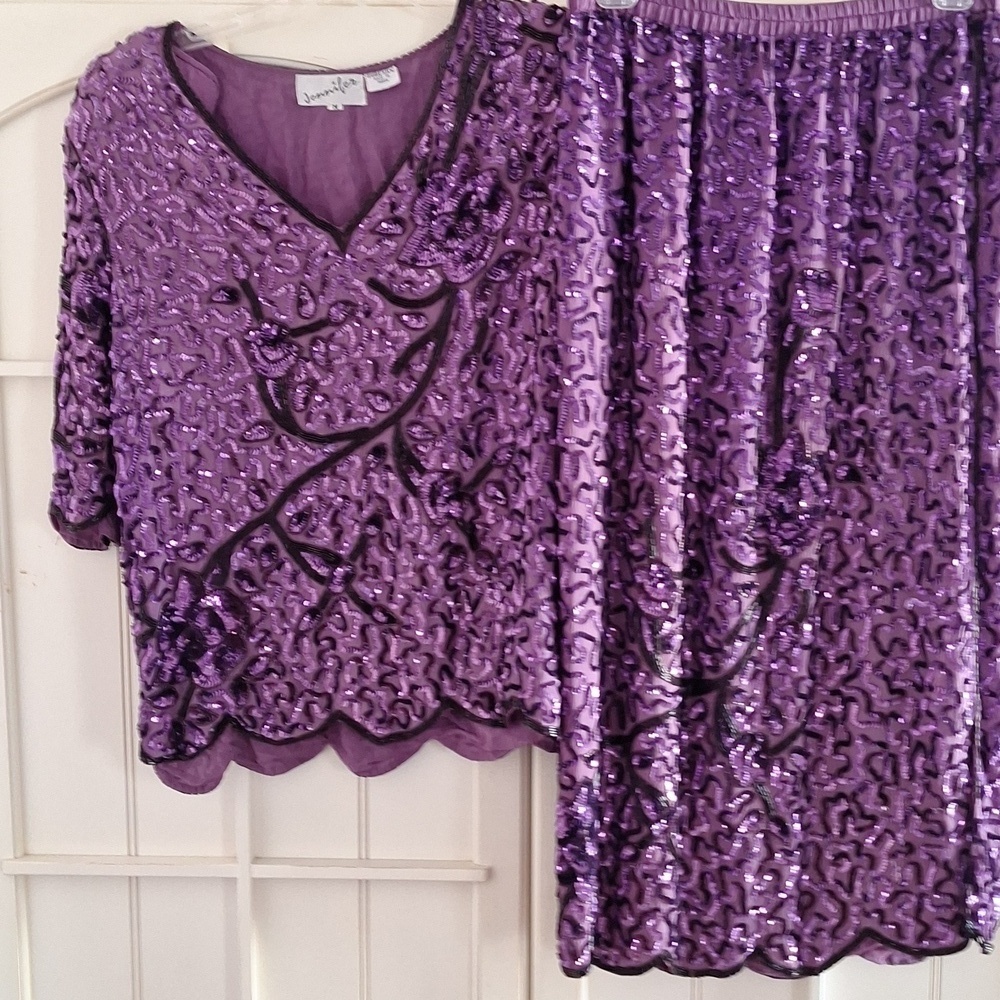 Purple Beaded Sheer sequin 2pc Top And Skirt